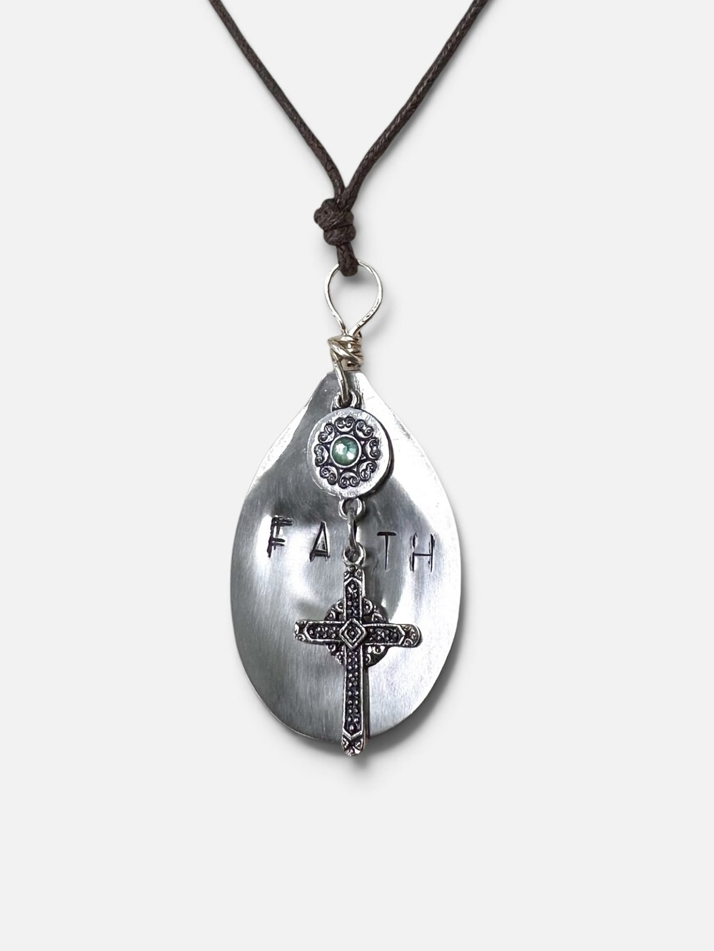 🤍 Silver Tone Faith Pendant on Brown Cord